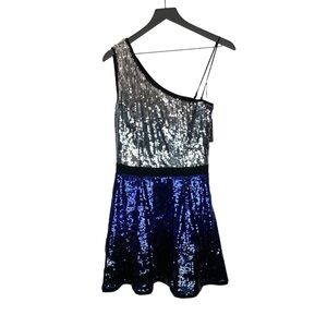 Patrizia Pepe One Shoulder Sequin Dress Blue Silver